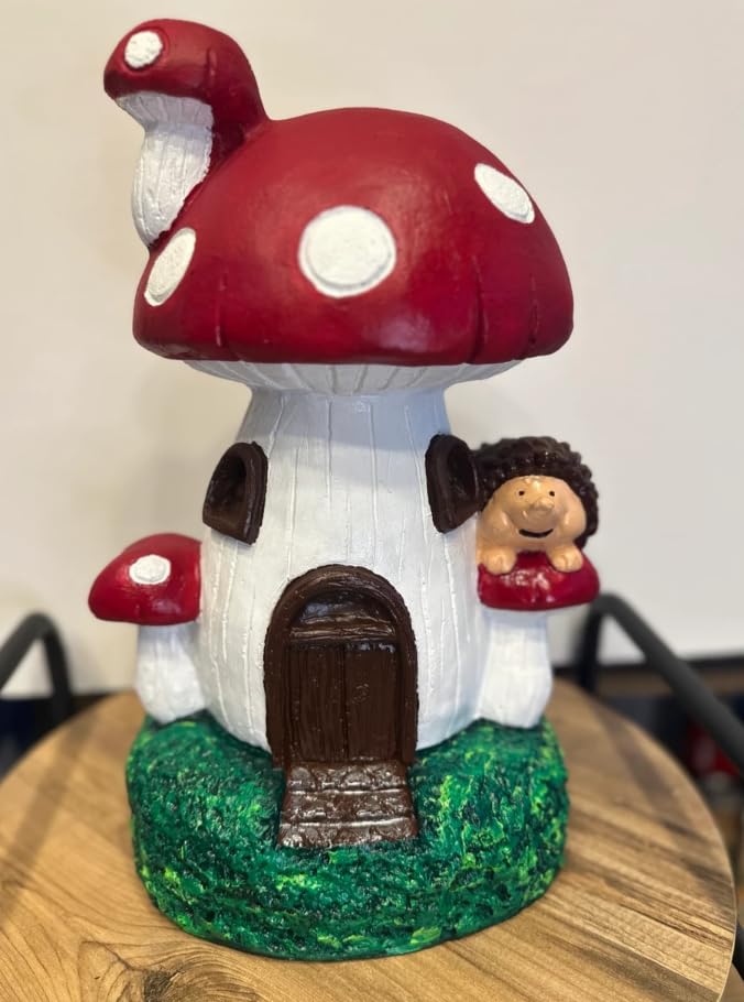 Whimsical Mushroom House Decor with Hedgehog, Toadstool House with Hedgehog, Mushroom Sculpture, Mushroom Statue with Hedgehog