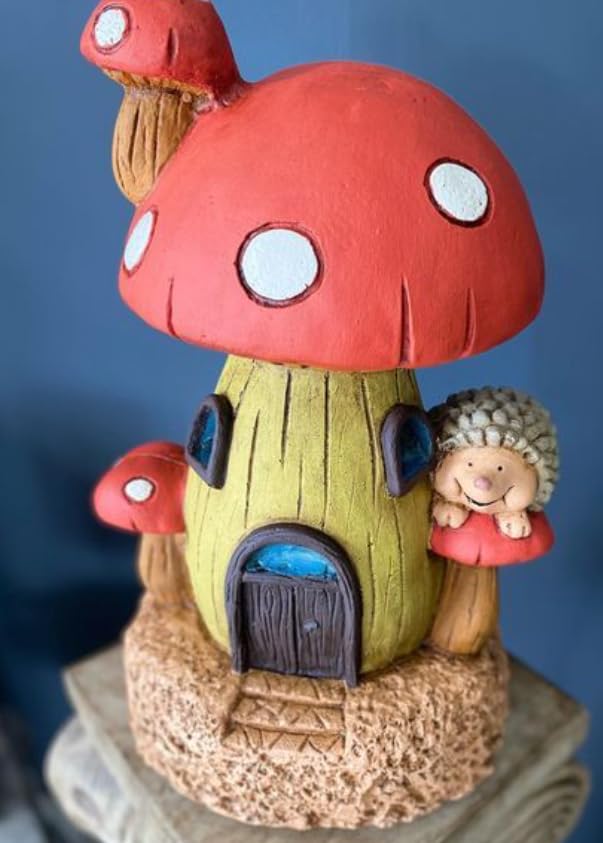 Whimsical Mushroom House Decor with Hedgehog, Toadstool House with Hedgehog, Mushroom Sculpture, Mushroom Statue with Hedgehog