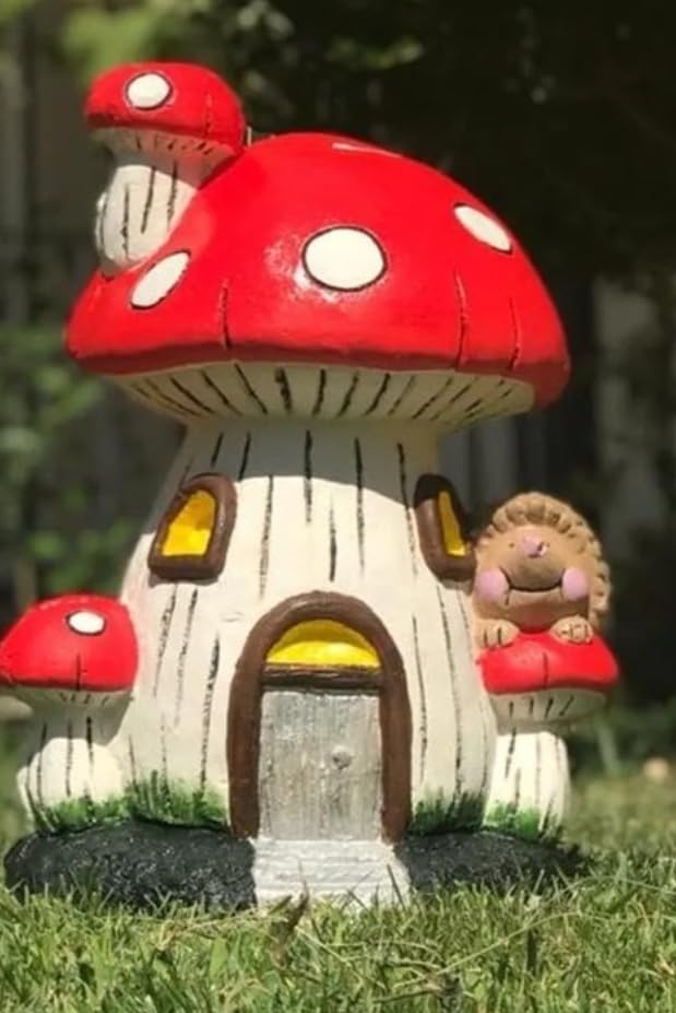 Whimsical Mushroom House Decor with Hedgehog, Toadstool House with Hedgehog, Mushroom Sculpture, Mushroom Statue with Hedgehog