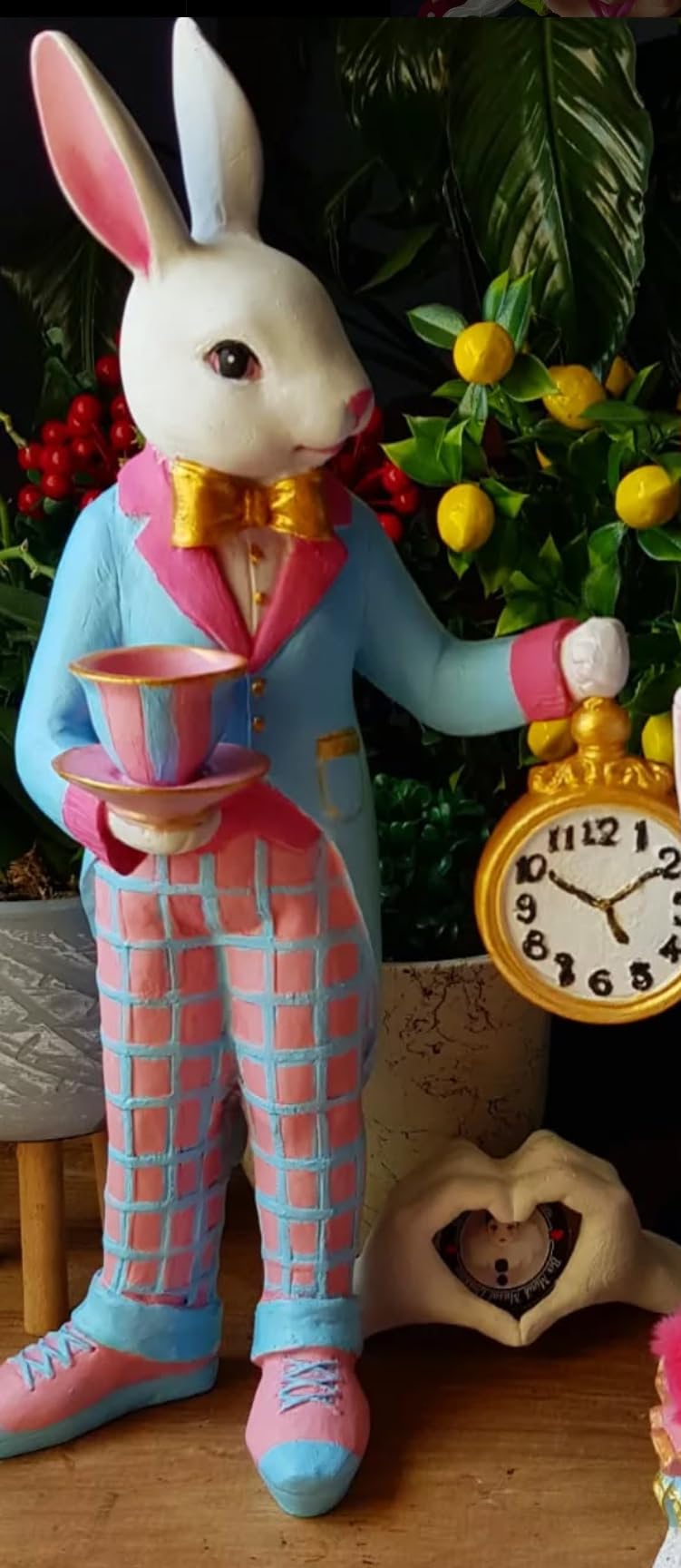 Alice in Wonderland Tea Time Rabbit Figurine, Rabbit Statue with Teacup & Clock, Rabbit Figurine, Wonderland Tea Party, Rabbit with Tea Cup