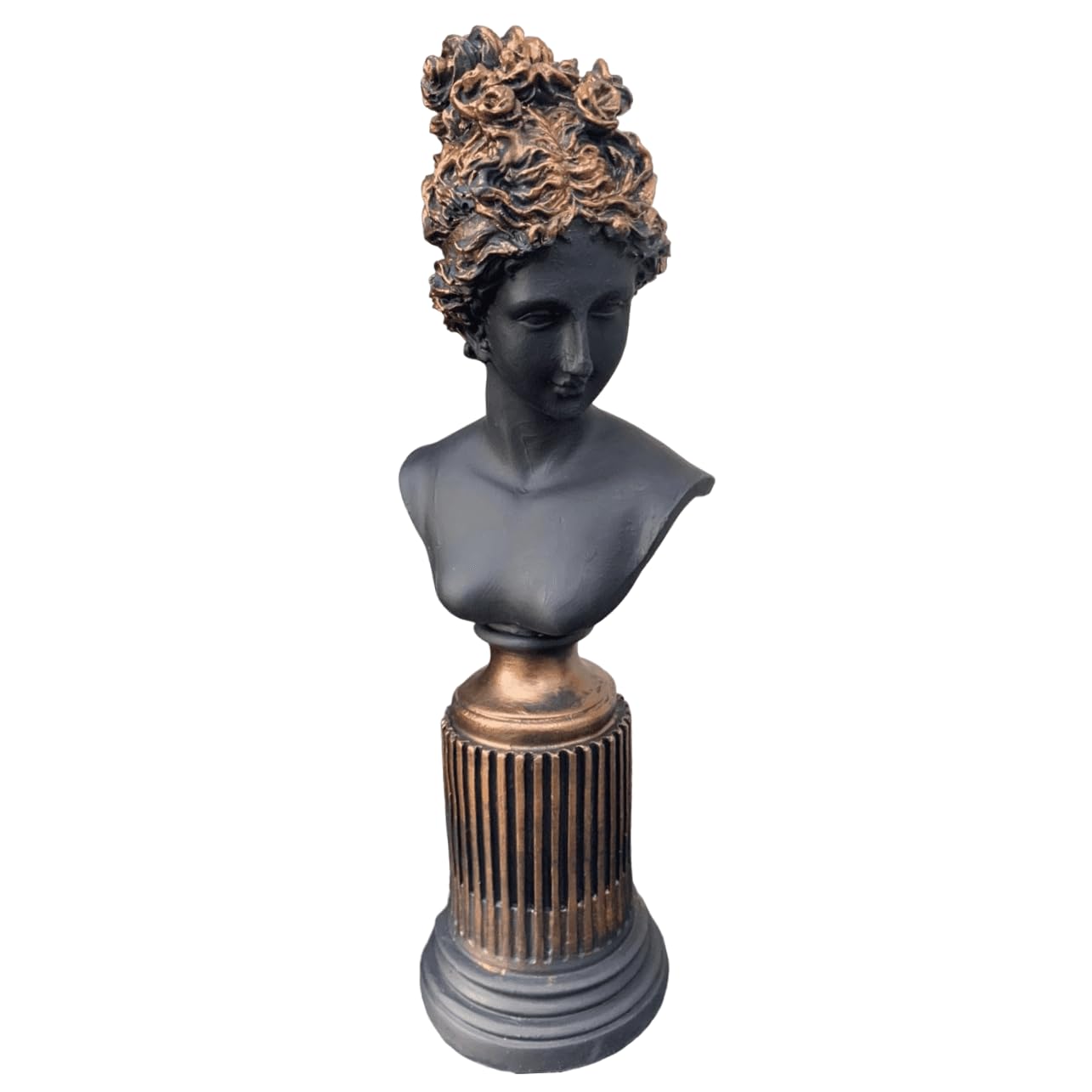 Weibliche Büstenskulptur, Elegante Büstenstatue auf dekorativem Sockel, Lafayette-Skulptur, Lafayette-Büstendekor, griechische Büstenstatue, Lafayette-Büste, Lafayette-Dekor, Lafayette-Statue