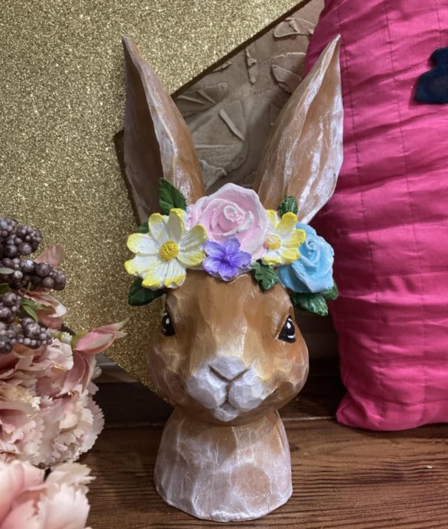 Hand-Painted Bunny Head Sculpture With Floral Crown, Whimsical Easter Decor, Bunny Head Sculpture, Easter Bunny Decor, Rabbit Head Decor, Easter Rabbit Decor, Rabbit Sculpture