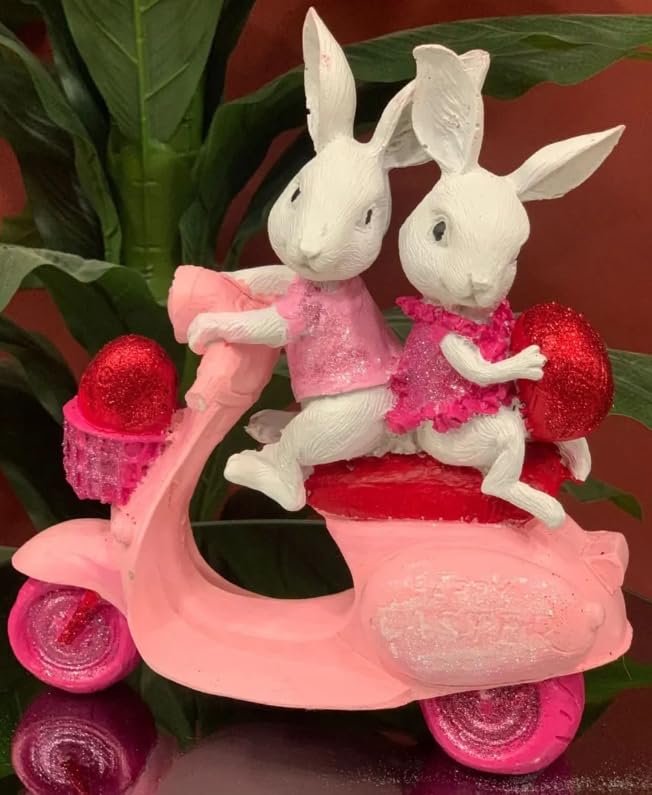 Bunny Couple Scooter Statue, Rabbits On A Vespa Decor, Whimsical Bunny Ornament,Rabbit Sculpture,Easter Rabbit Decor, Easter Bunny Decor, Easter Bunny Sculpture, Easter Rabbit Sculpture