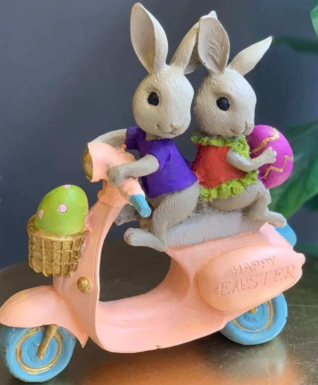 Bunny Couple Scooter Statue, Rabbits On A Vespa Decor, Whimsical Bunny Ornament,Rabbit Sculpture,Easter Rabbit Decor, Easter Bunny Decor, Easter Bunny Sculpture, Easter Rabbit Sculpture