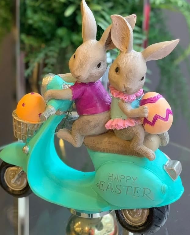 Bunny Couple Scooter Statue, Rabbits On A Vespa Decor, Whimsical Bunny Ornament,Rabbit Sculpture,Easter Rabbit Decor, Easter Bunny Decor, Easter Bunny Sculpture, Easter Rabbit Sculpture