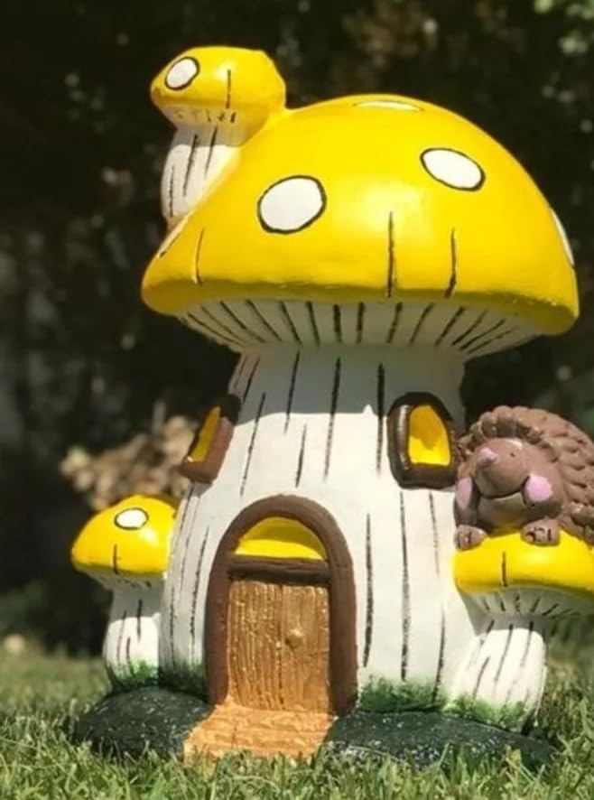 Whimsical Mushroom House Decor with Hedgehog, Toadstool House with Hedgehog, Mushroom Sculpture, Mushroom Statue with Hedgehog