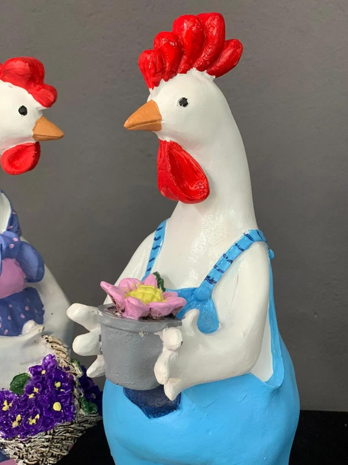 Farmhouse Chicken Decor, Charming Rooster and Hen Figurines Holding Flowers, Flower Holding Rooster, Cute Chicken Statues, Chicken Statue, Cockerel Decor, Cockerel Statue