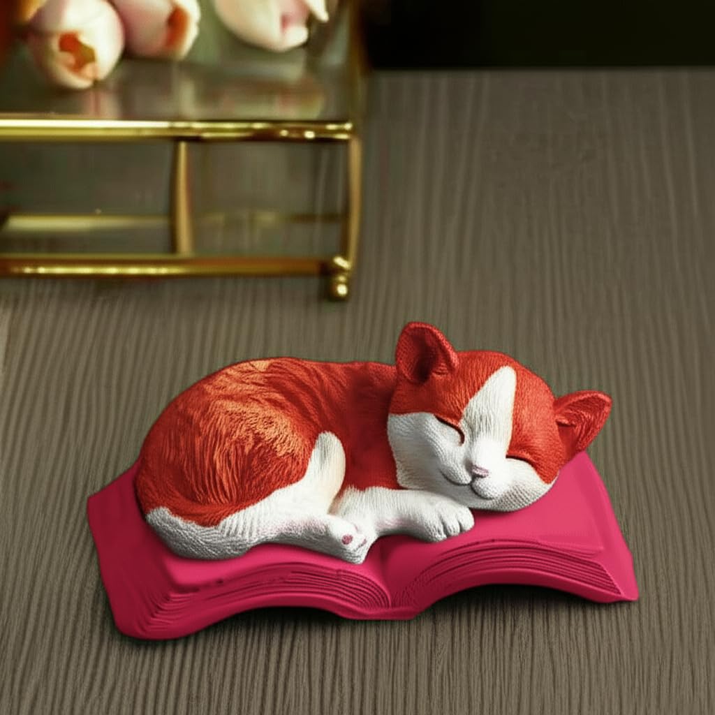 Sleeping Cat Statue on Book, Polyester Sleeping Kitten Sculpture on Book, Sleeping Cat on Book Statue, Cute Cat Figurine on Open Book