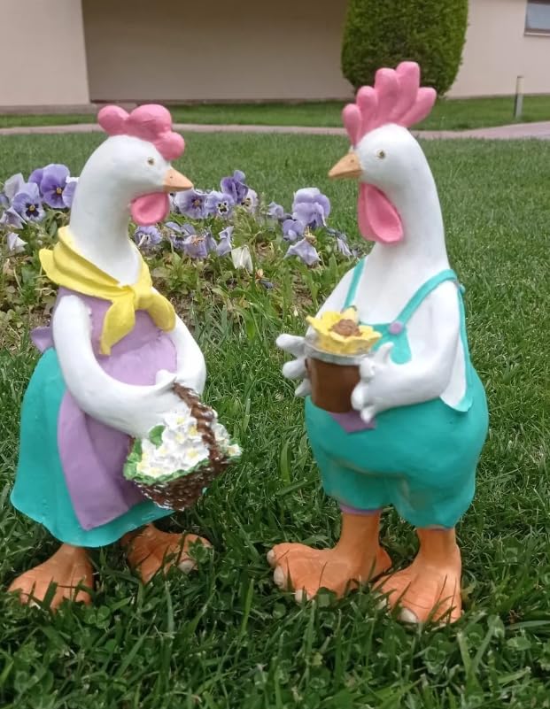 Farmhouse Chicken Decor, Charming Rooster and Hen Figurines Holding Flowers, Flower Holding Rooster, Cute Chicken Statues, Chicken Statue, Cockerel Decor, Cockerel Statue