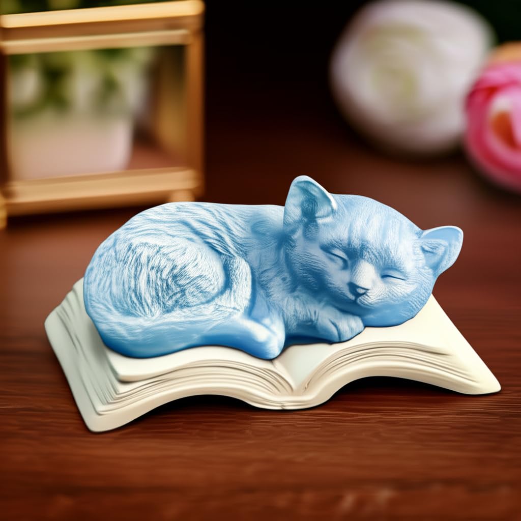 Sleeping Cat Statue on Book, Polyester Sleeping Kitten Sculpture on Book, Sleeping Cat on Book Statue, Cute Cat Figurine on Open Book