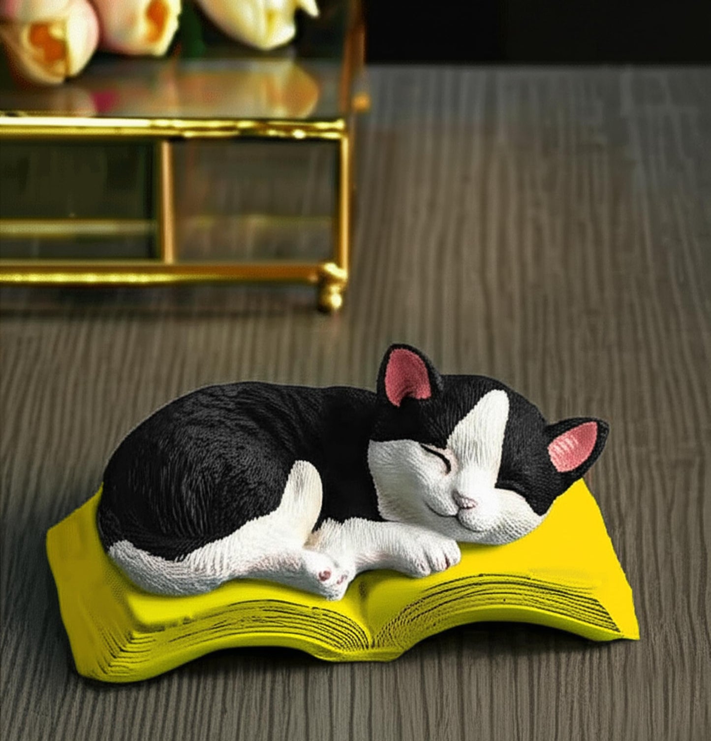 Sleeping Cat Statue on Book, Polyester Sleeping Kitten Sculpture on Book, Sleeping Cat on Book Statue, Cute Cat Figurine on Open Book