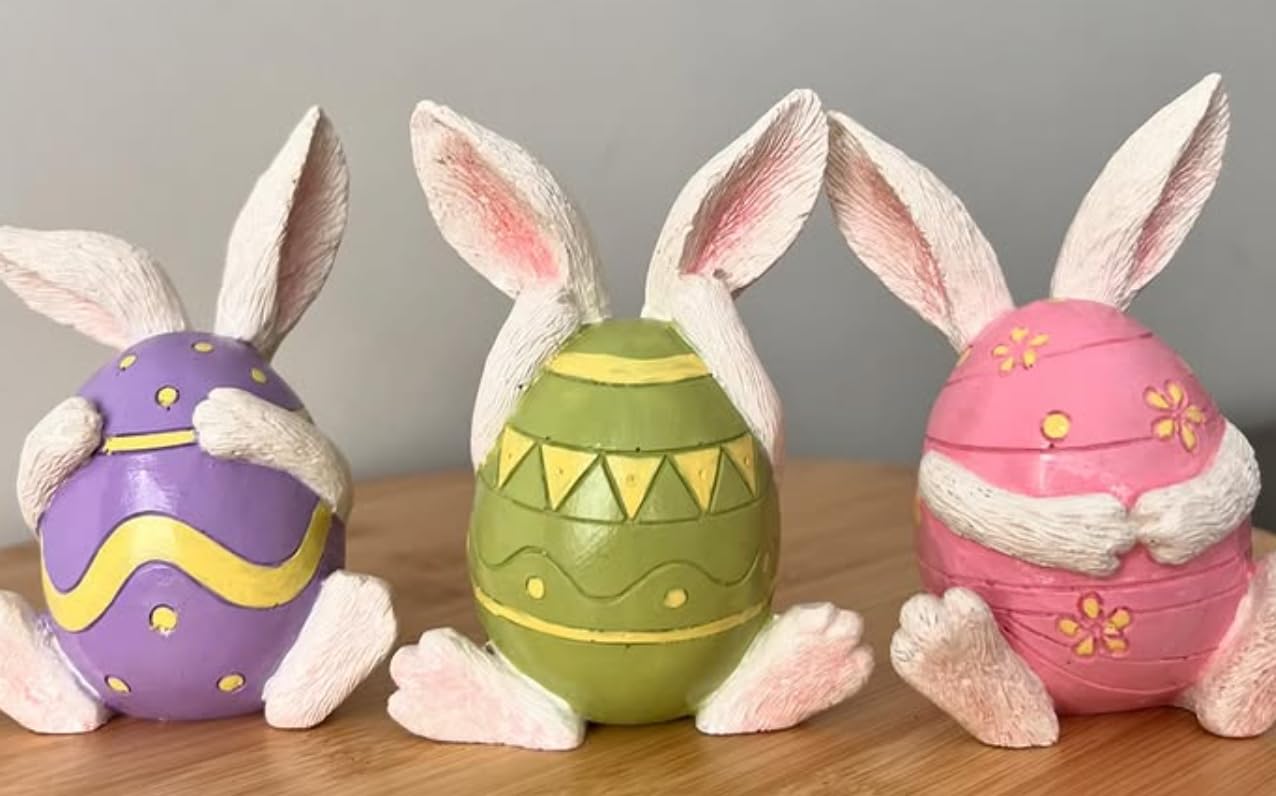 Set of 3 Easter Bunny Egg Figurines, Cute Hand Painted Polyester Bunny Decorations, Easter Bunny Decor, Bunny Egg Decor, Bunny in Eggshell, Easter Bunny Statue, Easter Bunny Decor