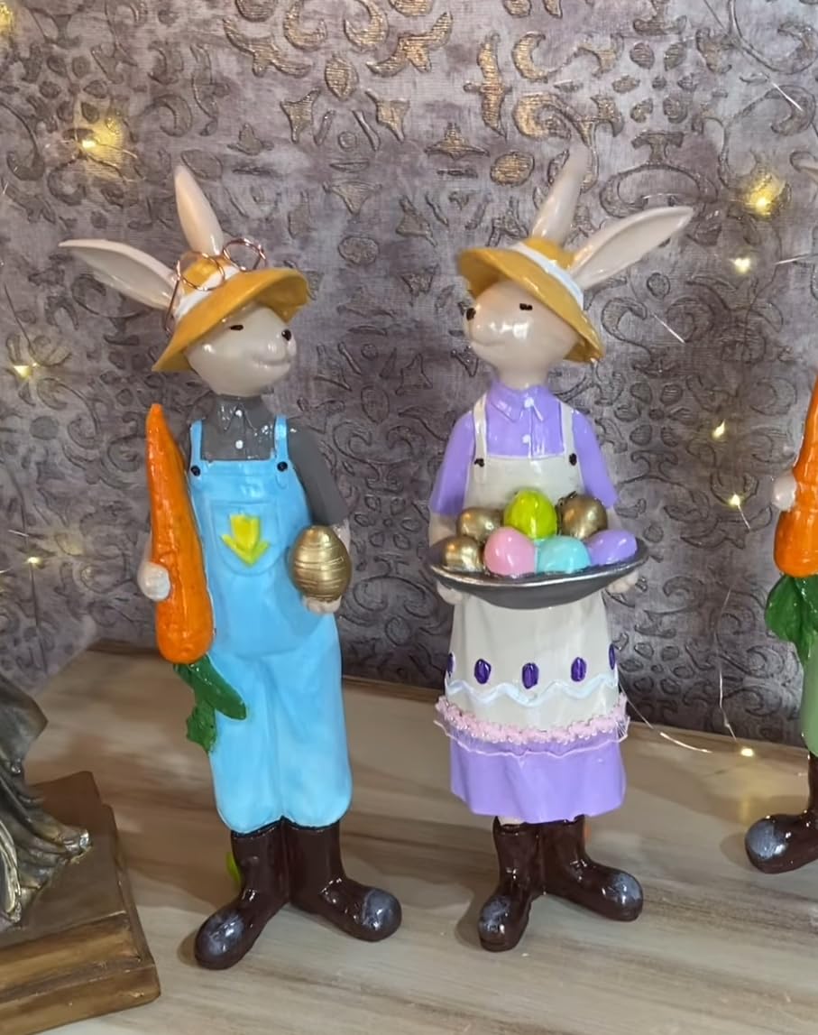 Easter Bunny Figurines with Carrot and Basket of Eggs, Handpainted Bunny Statue, Easter Egg Basket Bunny, Polyester Easter Decor, Easter Rabbit Sculpture