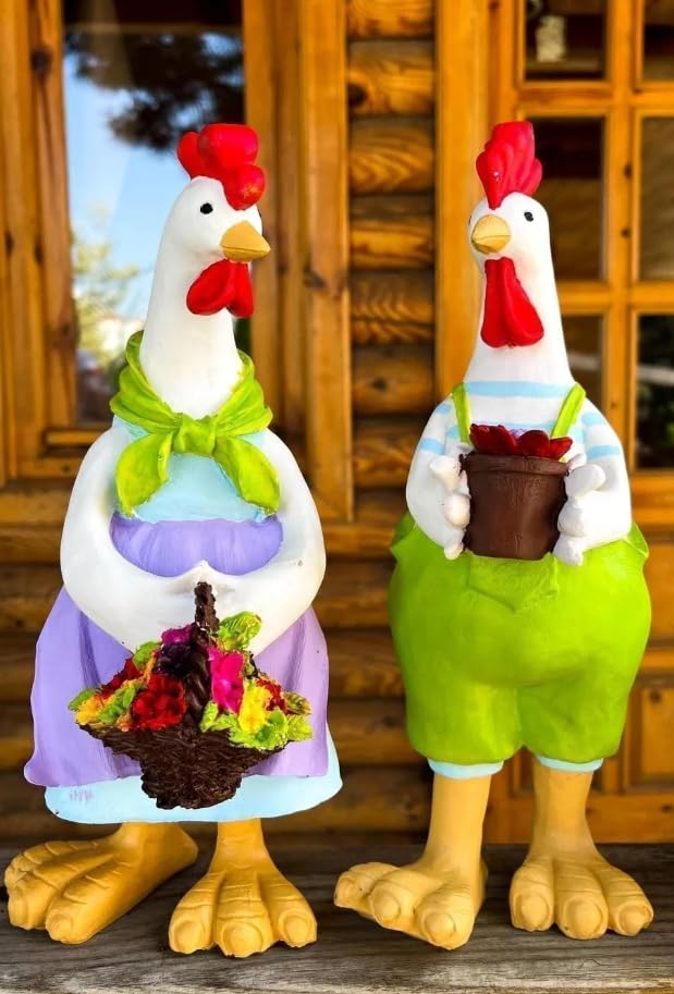 Farmhouse Chicken Decor, Charming Rooster and Hen Figurines Holding Flowers, Flower Holding Rooster, Cute Chicken Statues, Chicken Statue, Cockerel Decor, Cockerel Statue