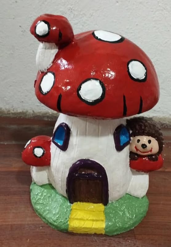 Whimsical Mushroom House Decor with Hedgehog, Toadstool House with Hedgehog, Mushroom Sculpture, Mushroom Statue with Hedgehog