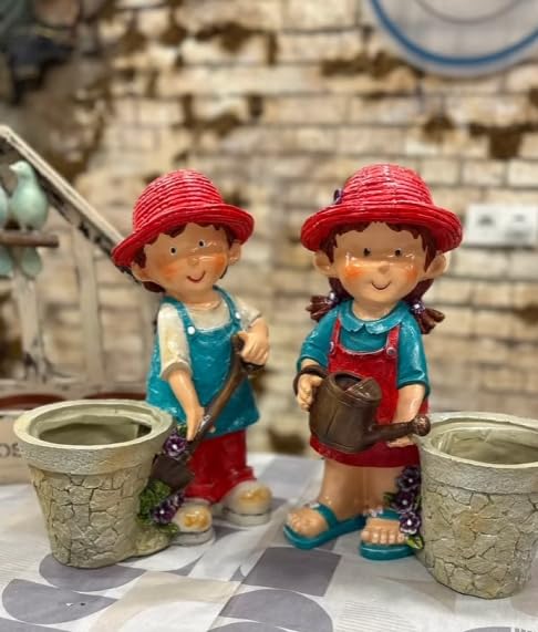 Cute Girl and Boy Planter Pots for Garden Decor, Outdoor Yard Statues, Polyester Garden Pot, Cute Planter Figurine, Boy Girl Flower Pot