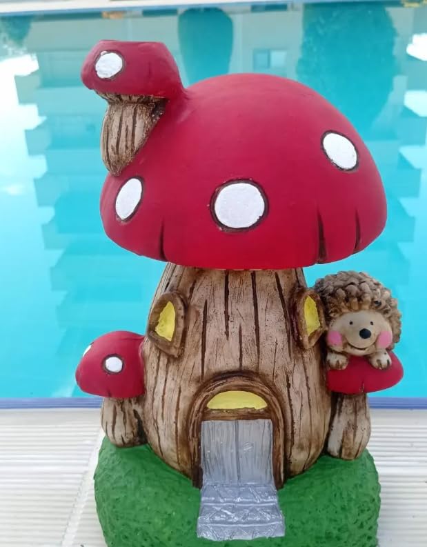 Whimsical Mushroom House Decor with Hedgehog, Toadstool House with Hedgehog, Mushroom Sculpture, Mushroom Statue with Hedgehog