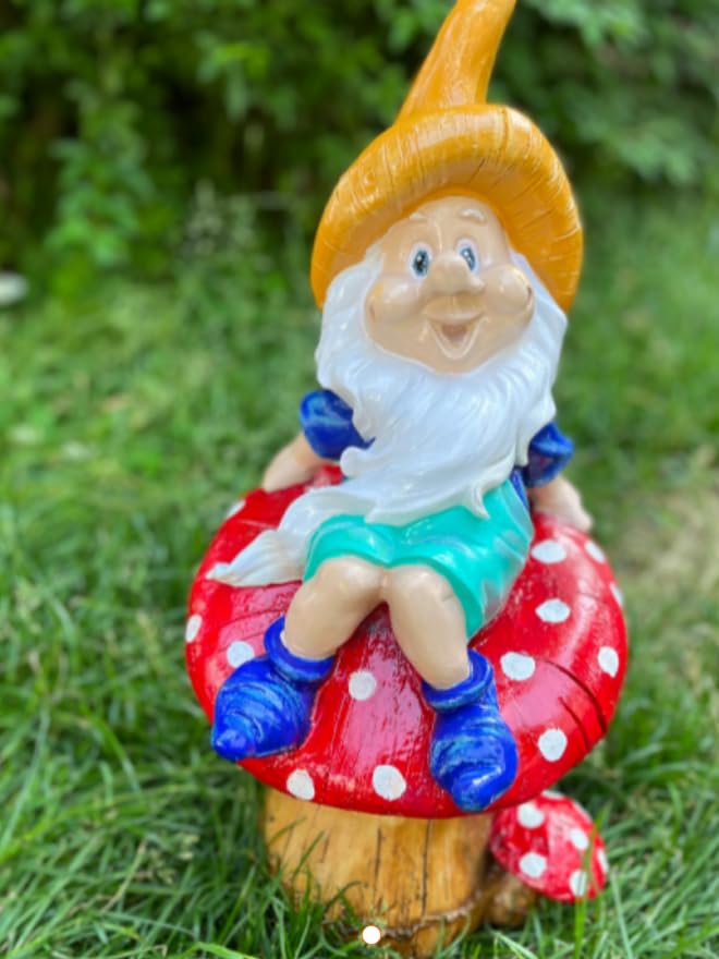 Garden Gnome Sitting on Red Mushroom Outdoor Decor, Garden Gnome Statue, Outdoor Garden Decor, Mushroom Gnome Figure, Fairy Garden Gnome, Garden Gnome Sculpture, Garden Gnome Decor