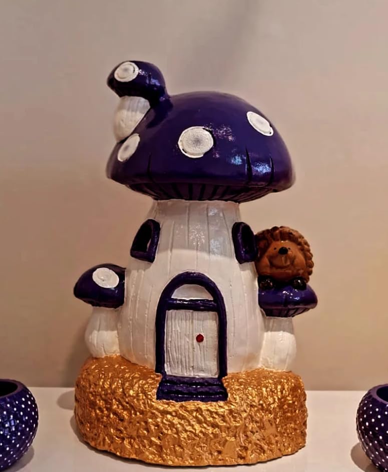 Whimsical Mushroom House Decor with Hedgehog, Toadstool House with Hedgehog, Mushroom Sculpture, Mushroom Statue with Hedgehog