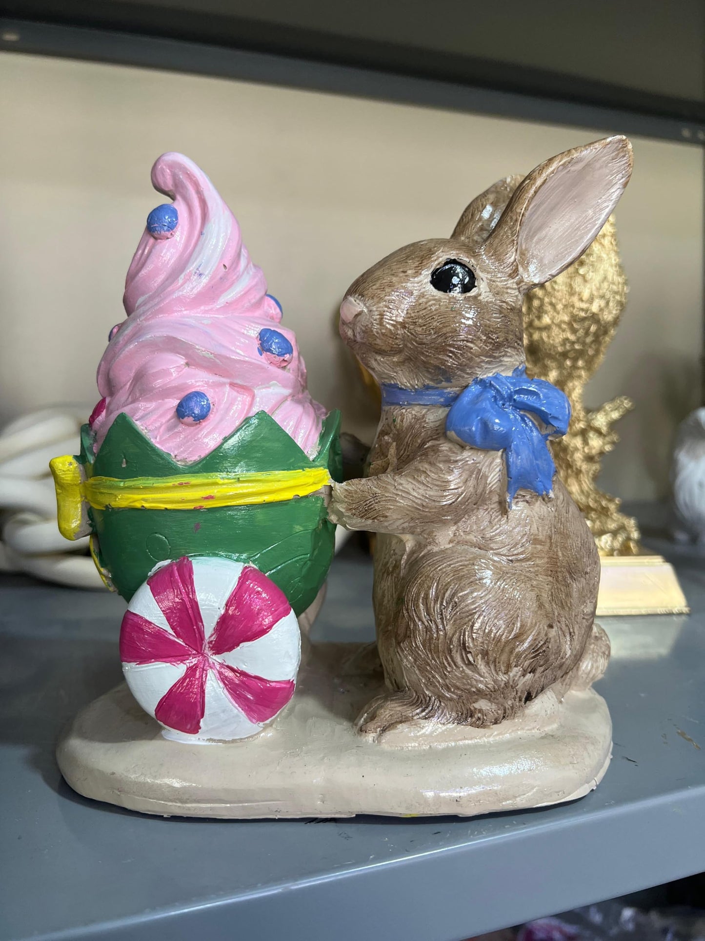 Rabbit Holding Ice Cream Cart Figurine, Whimsical Bunny Ice Cream Vendor, Bunny Vendor Figurine, Rabbit Themed Decoration, Rabbit Decor