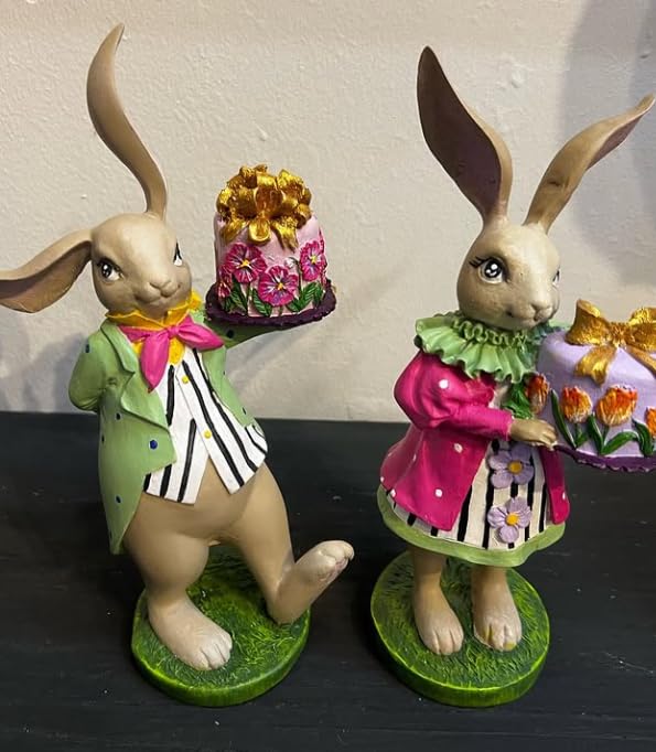 Set of 2 Rabbit Figurines Holding Cake, Adorable Bunny Dessert Statues, Rabbit Cake Figurine, Bunny Holding Cake, Bunny Statue, Rabbit Decor, Rabbit Statue, Bunny Decor
