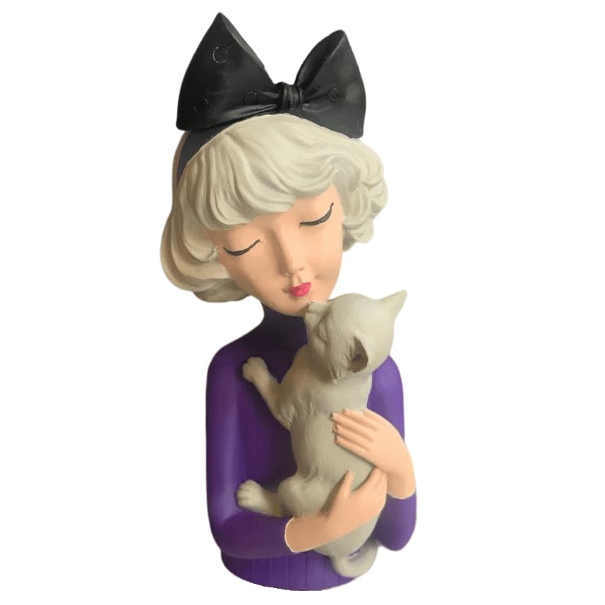 Girl With Cat Decor, Whimsical Decor Accent, Hand-painted Art Decor, Decorative Girl Statue, Cat Themed Home Decor, Girl and Pet Sculpture, Girl and Pet Decor