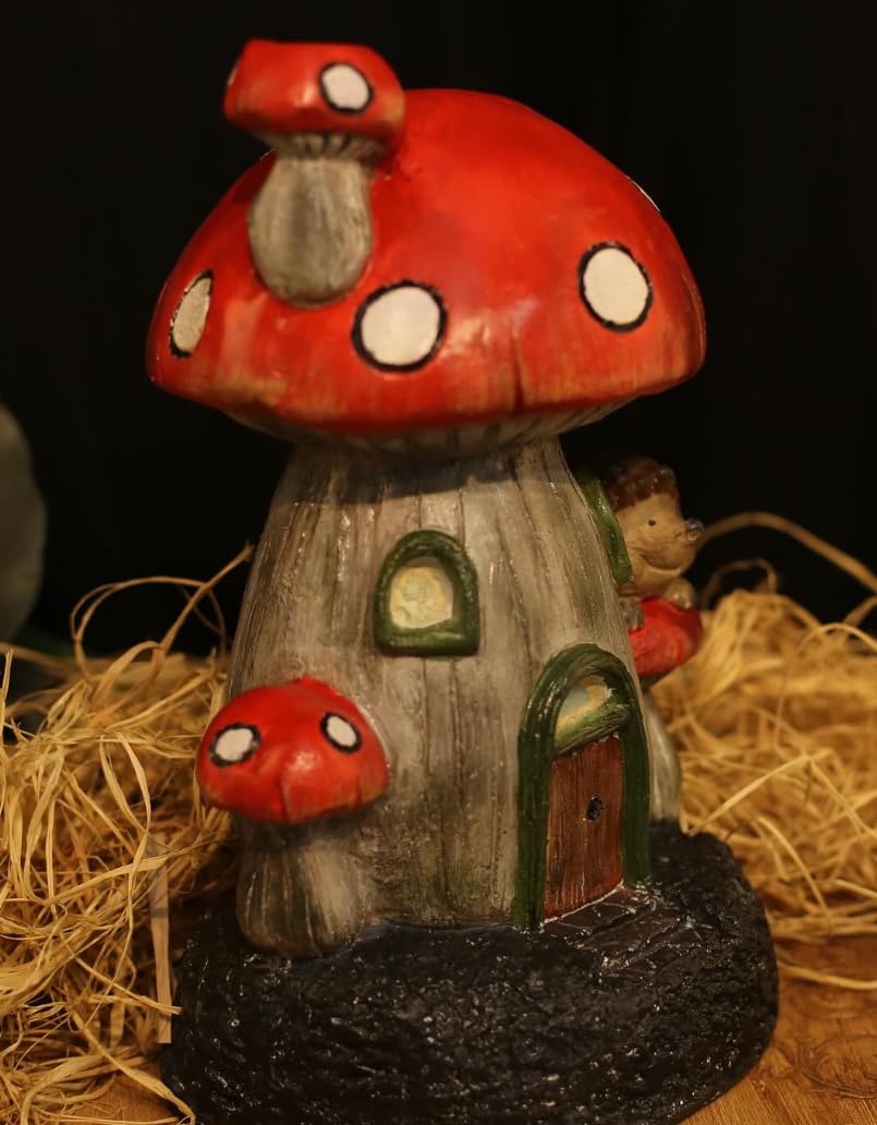 Whimsical Mushroom House Decor with Hedgehog, Toadstool House with Hedgehog, Mushroom Sculpture, Mushroom Statue with Hedgehog