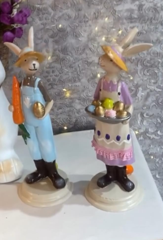 Easter Bunny Figurines with Carrot and Basket of Eggs, Handpainted Bunny Statue, Easter Egg Basket Bunny, Polyester Easter Decor, Easter Rabbit Sculpture