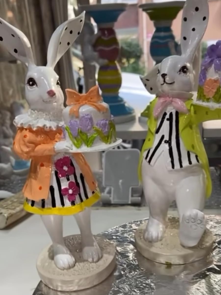 Set of 2 Rabbit Figurines Holding Cake, Adorable Bunny Dessert Statues, Rabbit Cake Figurine, Bunny Holding Cake, Bunny Statue, Rabbit Decor, Rabbit Statue, Bunny Decor