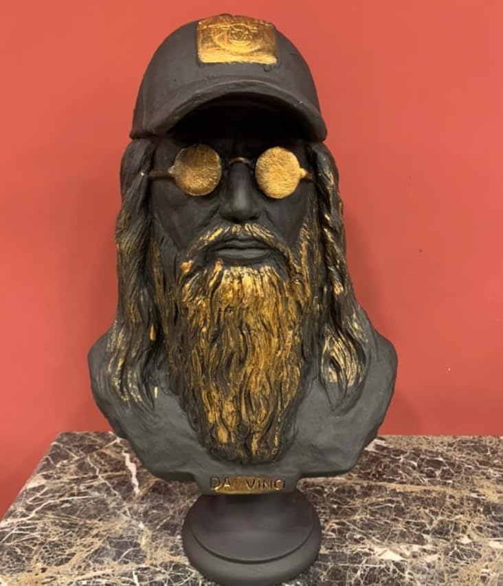 Statua moderna di busto di Da Vinci con berretto e occhiali, Statua di busto di Da Vinci, Busto di Da Vinci, Testa di Da Vinci in poliestere, Scultura di Da Vinci