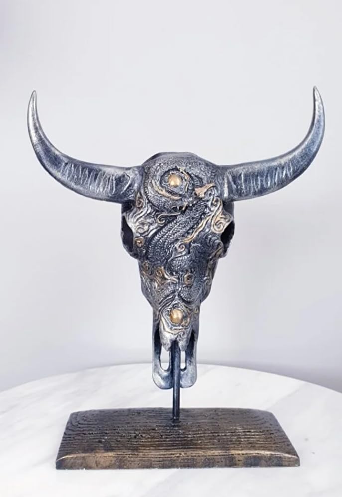 Bull Skull Decor, Western Bull Head Decor, Western Style Horned Bull Head Decor, Bull Skull Statue, Bull Skull Tabletop Decoration