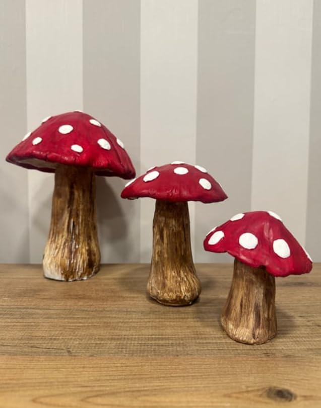 Set of 3 Red Toadstool Mushroom Statues, Mushroom Garden Decor, Toadstool Statue, Mushroom House Decor, Outdoor Mushroom Art, Mushroom Decor