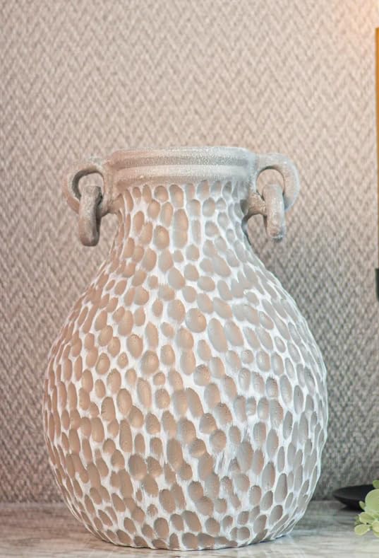 Textured Decorative Vase with Handles, Modern Rustic Vase, Unique Honeycomb Pattern Vase, Honeycomb Pattern Vase, Loop Handle Vase