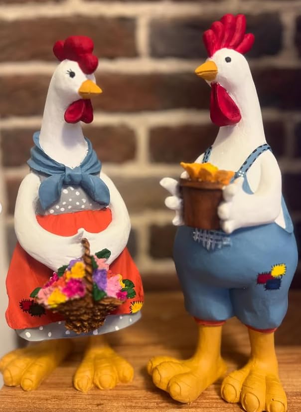 Farmhouse Chicken Decor, Charming Rooster and Hen Figurines Holding Flowers, Flower Holding Rooster, Cute Chicken Statues, Chicken Statue, Cockerel Decor, Cockerel Statue