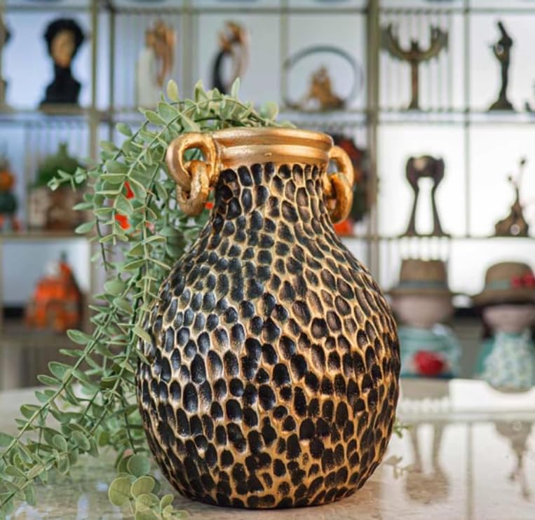 Textured Decorative Vase with Handles, Modern Rustic Vase, Unique Honeycomb Pattern Vase, Honeycomb Pattern Vase, Loop Handle Vase
