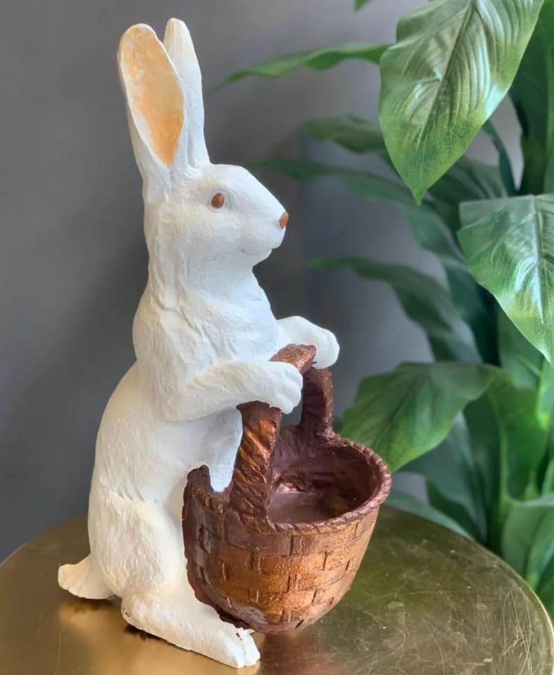 Rabbit Sculpture with Basket, Decorative Bunny Figurine, Easter Home Decor, Rabbit Sculpture, Bunny Decor with Basket, Easter Bunny Figurine, Easter Rabbit Sculpture