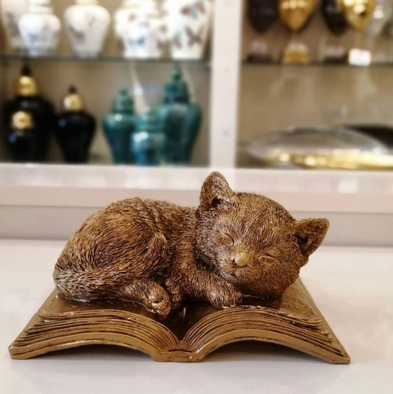 Sleeping Cat Statue on Book, Polyester Sleeping Kitten Sculpture on Book, Sleeping Cat on Book Statue, Cute Cat Figurine on Open Book