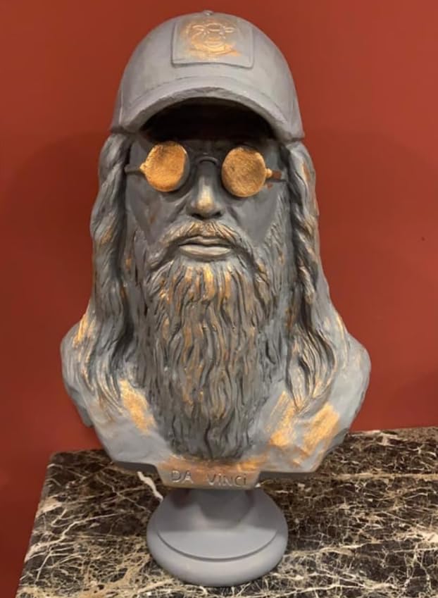 Statua moderna di busto di Da Vinci con berretto e occhiali, Statua di busto di Da Vinci, Busto di Da Vinci, Testa di Da Vinci in poliestere, Scultura di Da Vinci