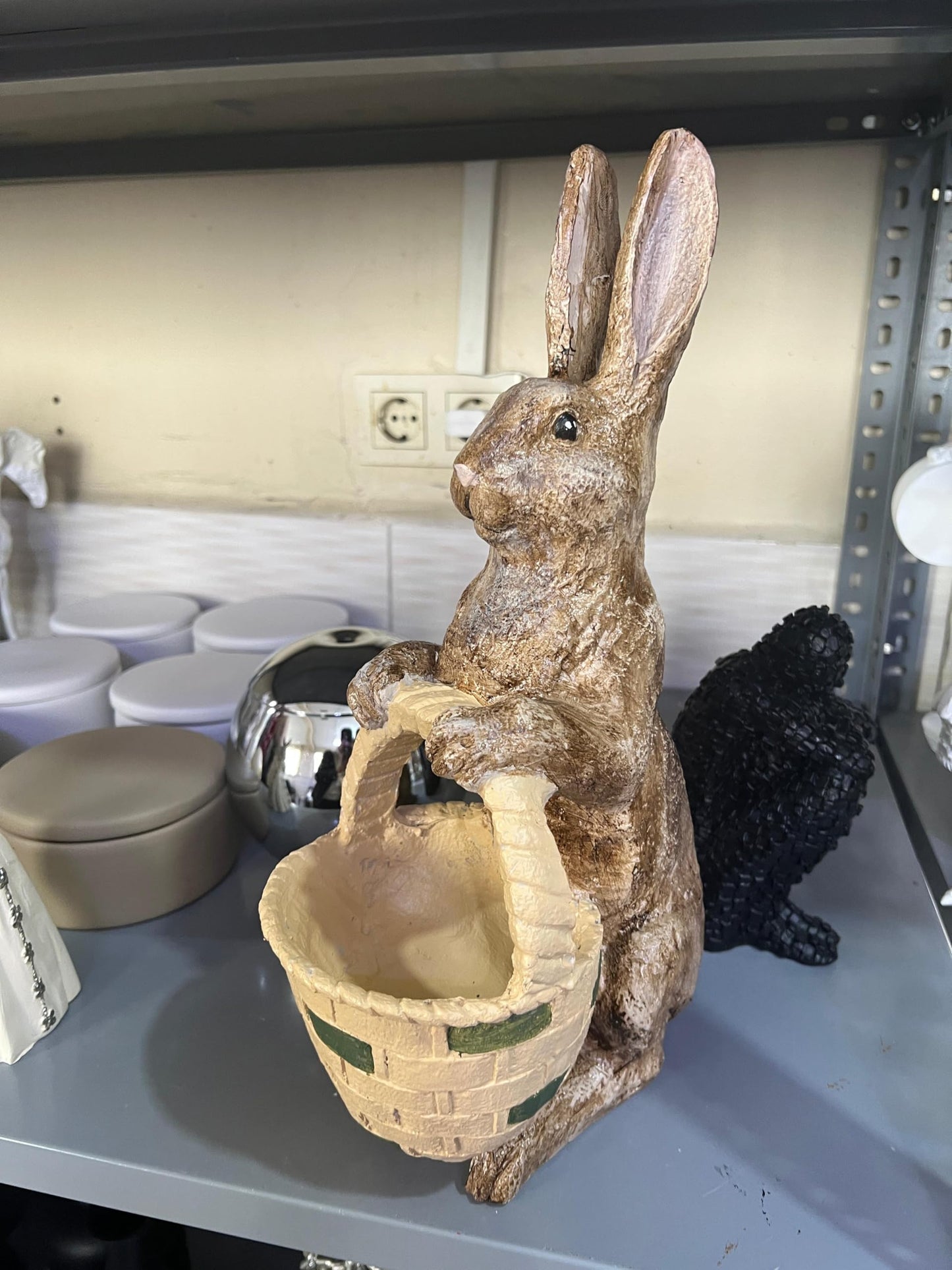 Rabbit Sculpture with Basket, Decorative Bunny Figurine, Easter Home Decor, Rabbit Sculpture, Bunny Decor with Basket, Easter Bunny Figurine, Easter Rabbit Sculpture