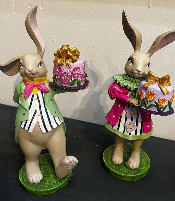 Set of 2 Rabbit Figurines Holding Cake, Adorable Bunny Dessert Statues, Rabbit Cake Figurine, Bunny Holding Cake, Bunny Statue, Rabbit Decor, Rabbit Statue, Bunny Decor