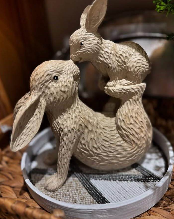 Entzückende Hasenfigur mit Kaninchenbaby, Osterhasenfigur, rustikale Hasenstatue, Osterhasenfigur, Osterhasenfigur, Osterhasenskulptur, Osterhasenskulptur