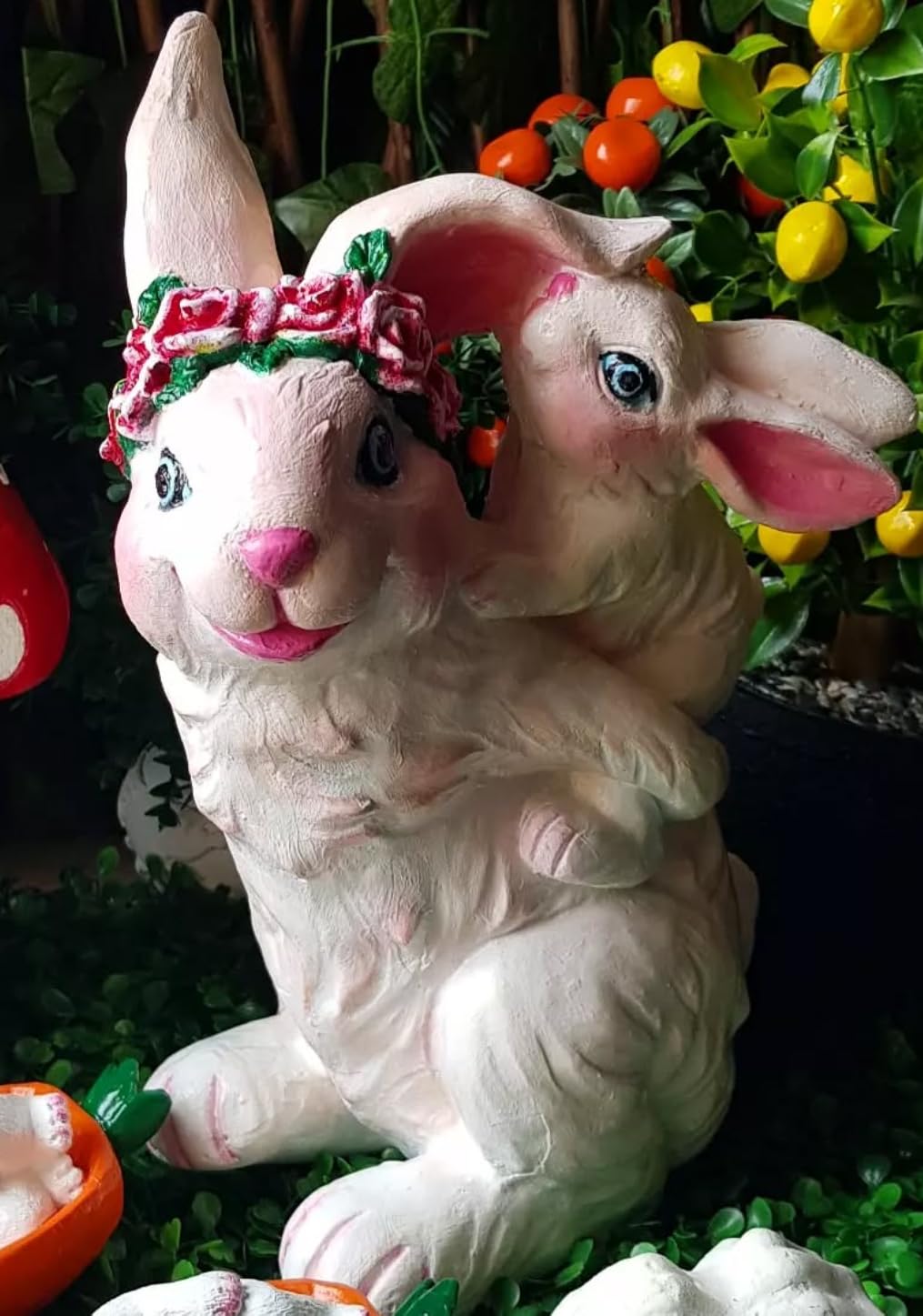 Adorable Bunny Rabbit Statue with Baby Bunny, Easter Bunny Decor, Rustic Bunny Gift, Floral Crown Rabbit, Easter Rabbit Decor, Rabbit Decor, Bunny Decor, Rabbit Sculpture
