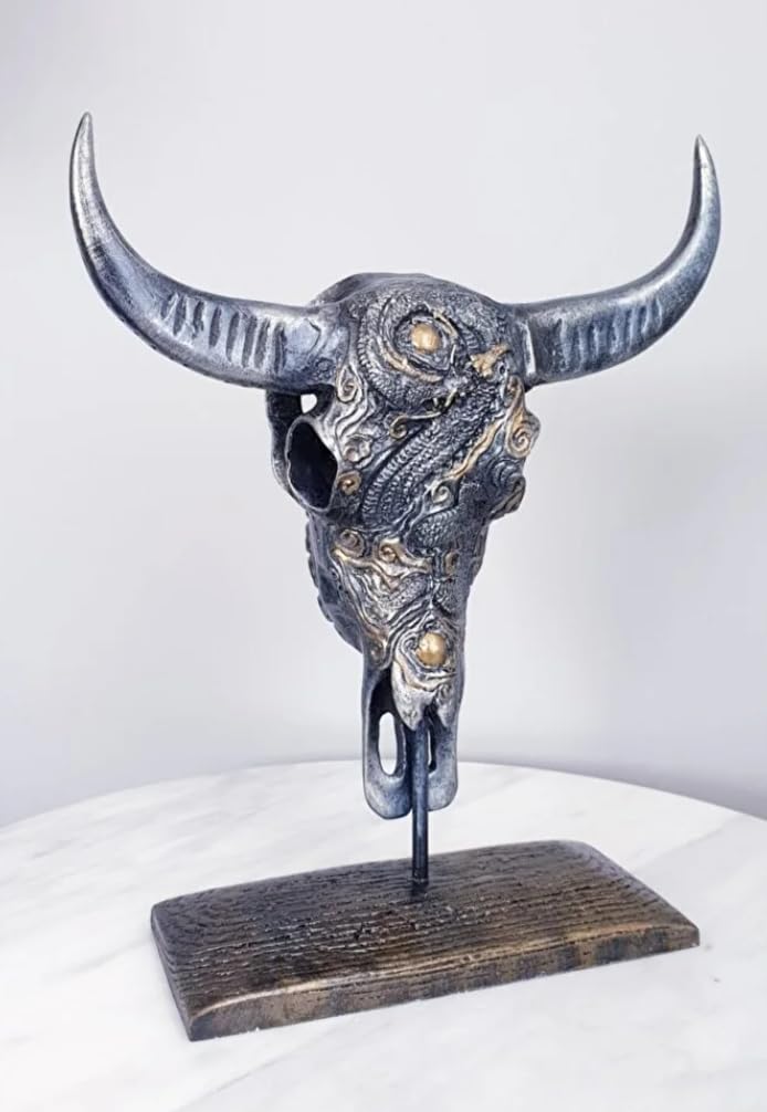 Bull Skull Decor, Western Bull Head Decor, Western Style Horned Bull Head Decor, Bull Skull Statue, Bull Skull Tabletop Decoration
