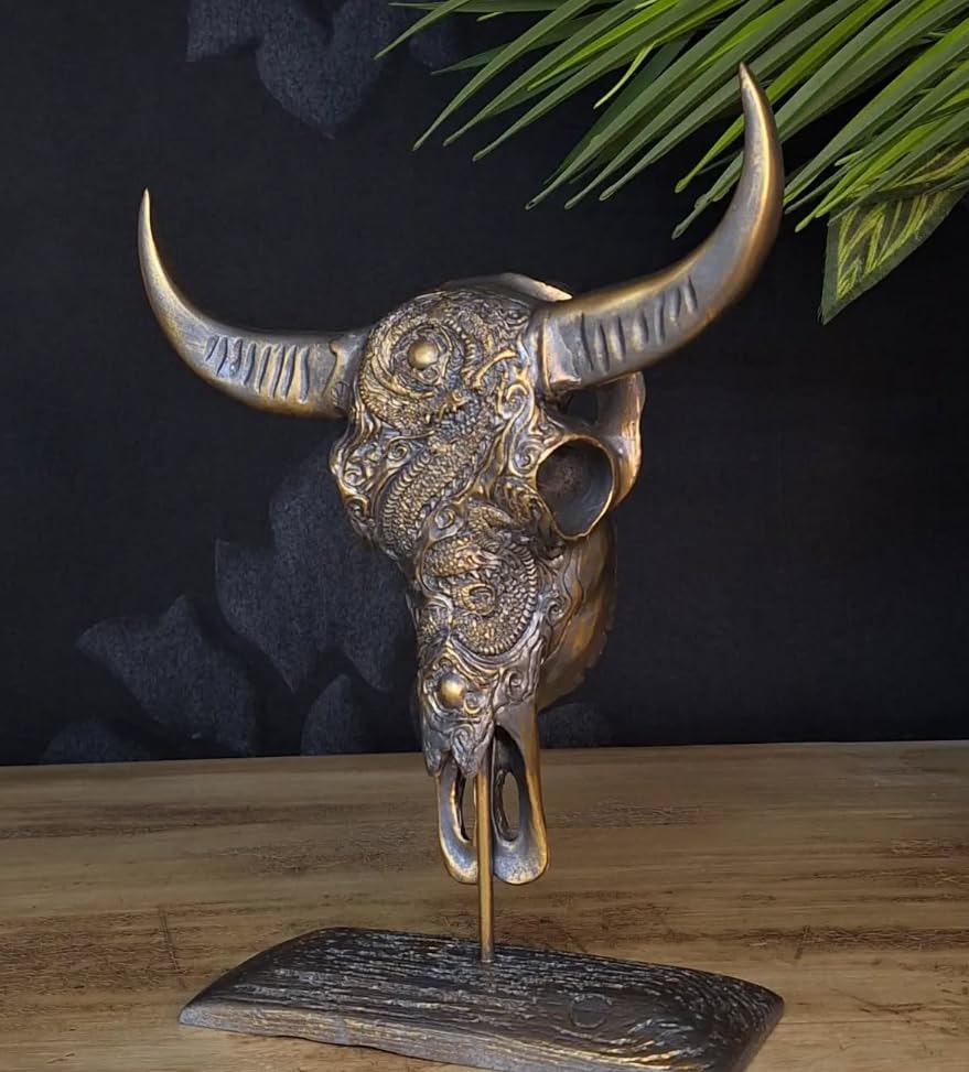 Bull Skull Decor, Western Bull Head Decor, Western Style Horned Bull Head Decor, Bull Skull Statue, Bull Skull Tabletop Decoration