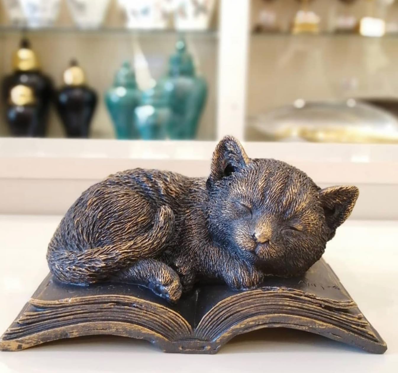 Sleeping Cat Statue on Book, Polyester Sleeping Kitten Sculpture on Book, Sleeping Cat on Book Statue, Cute Cat Figurine on Open Book