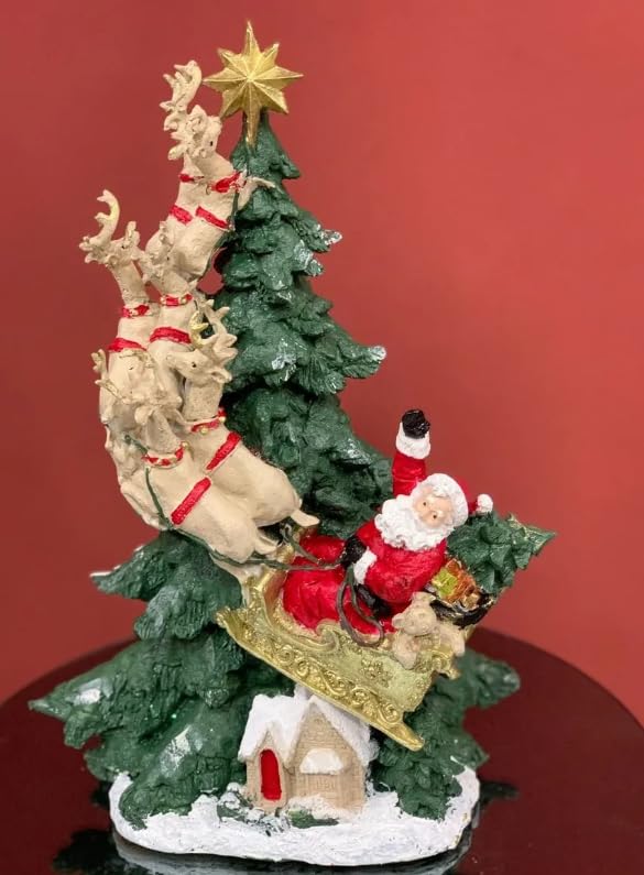 Santa Claus Reindeer Sleigh with Christmas Tree Statue, Santa Sleigh Christmas Decorations, Santa Claus Figurine, Christmas Gift, Reindeer Sculpture, Reindeer Decor, Reindeer Statue