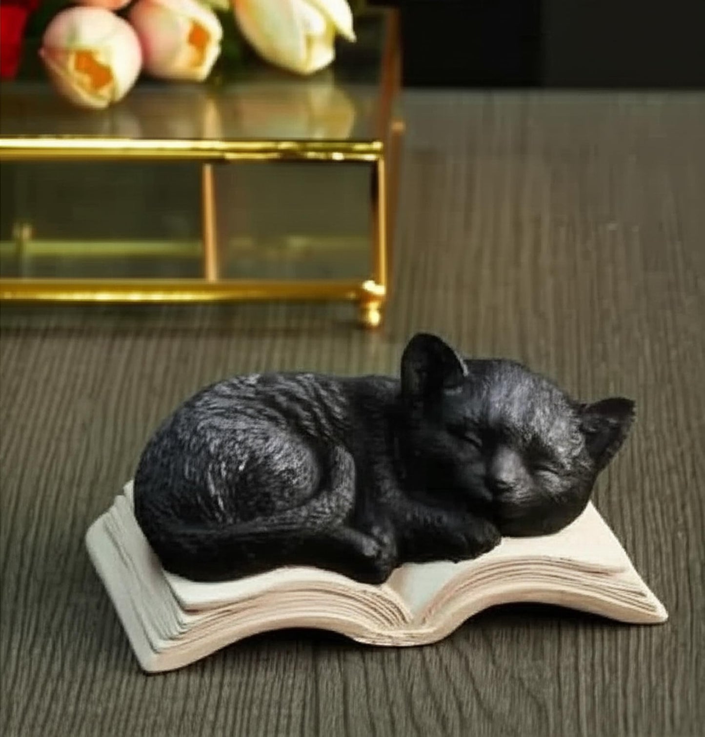 Sleeping Cat Statue on Book, Polyester Sleeping Kitten Sculpture on Book, Sleeping Cat on Book Statue, Cute Cat Figurine on Open Book