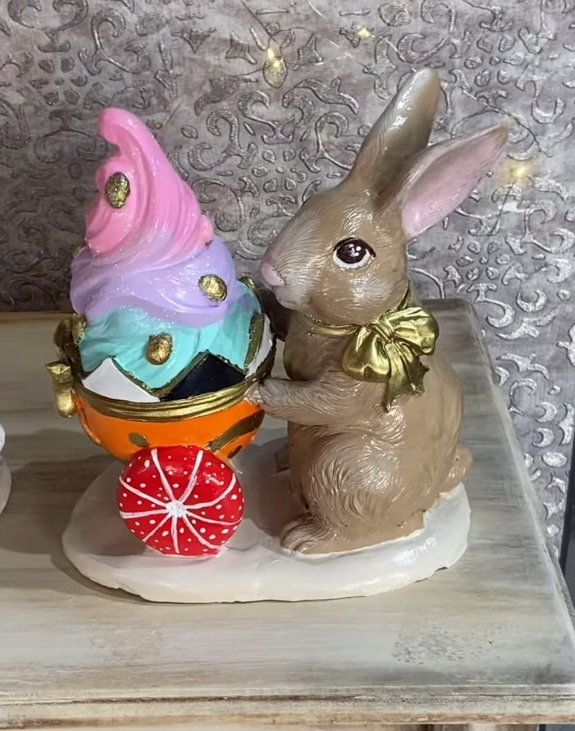 Rabbit Holding Ice Cream Cart Figurine, Whimsical Bunny Ice Cream Vendor, Bunny Vendor Figurine, Rabbit Themed Decoration, Rabbit Decor