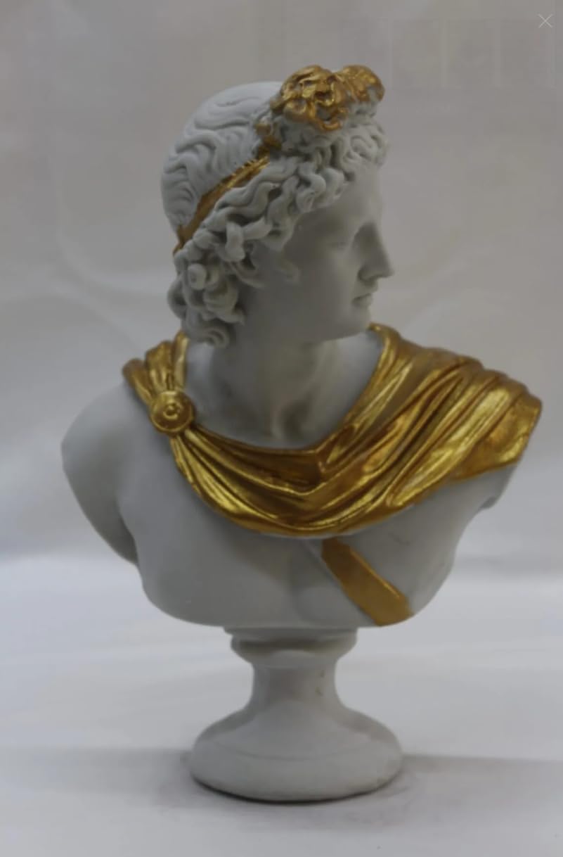 Apollo-Büsten-Skulptur mit bemalten Details, griechische dekorative Büstenstatue, klassische Büste für Wohndekoration, Apollo-Büstenfigur, Apollo-Büsten-Dekor, Apollo-Statue, Apollo-Skulptur