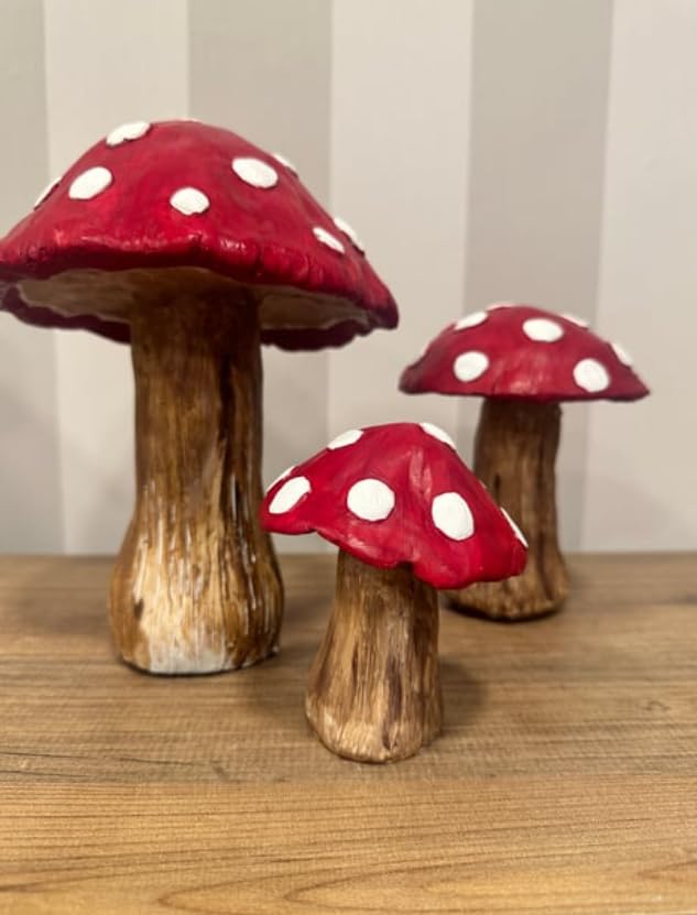 Set of 3 Red Toadstool Mushroom Statues, Mushroom Garden Decor, Toadstool Statue, Mushroom House Decor, Outdoor Mushroom Art, Mushroom Decor